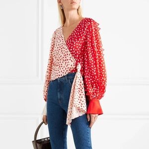 Self Portrait Satin Printed Wrap Top Guipure Lace Trimmed Lantern Sleeve Blouse